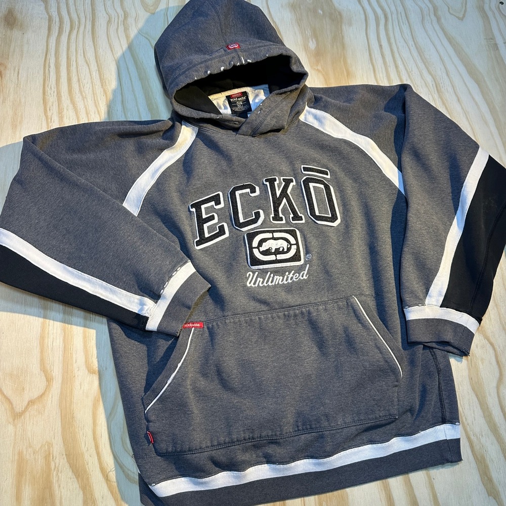 Ecko Unltd Mens XL Gray Vintage Y2K Embroidered Rhino Logo Streetwear Hoodie